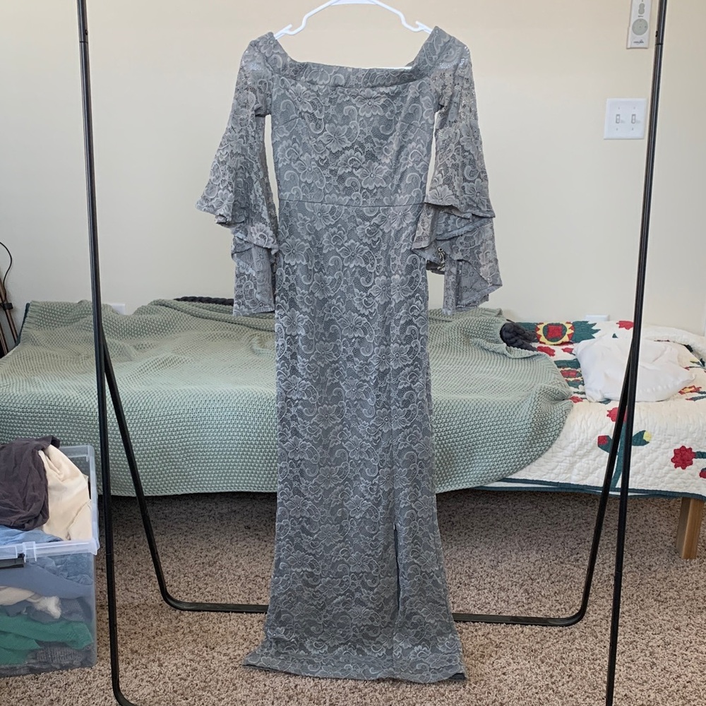 Princess Medieval Long Sleeve Gray Lace Dress with waterfall sleeves